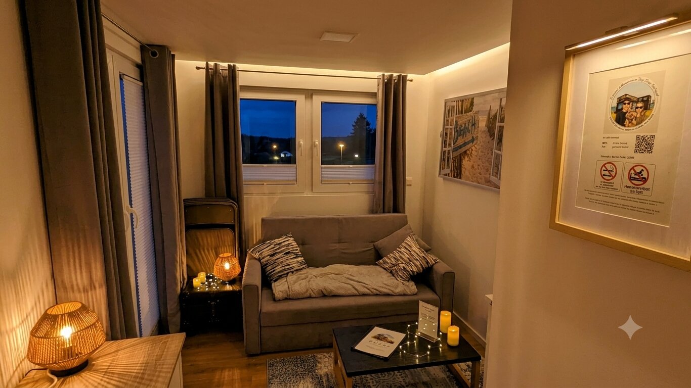 Wohnbereich im Tiny House Nachtigall mit gemütlicher Couch