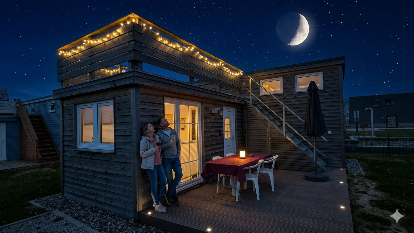 Terrasse des Tiny House Nachtigall am Abend mit Lichterketten
